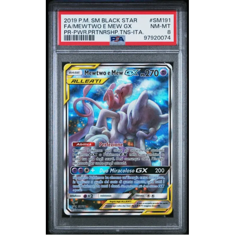 2019 Pokémon SM BLACK STAR: SM191 FA/Mewtwo e Mew GX (PR-PWR.PRTNRSHP.TNS-ITA.) PSA NM-MT 8