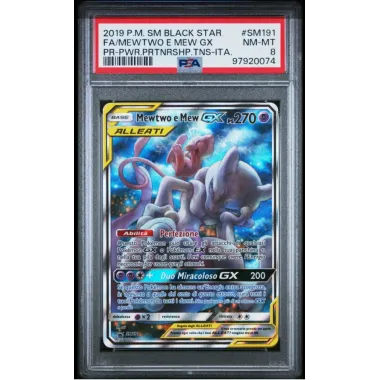 2019 Pokémon SM BLACK STAR: SM191 FA/Mewtwo e Mew GX (PR-PWR.PRTNRSHP.TNS-ITA.) PSA NM-MT 8