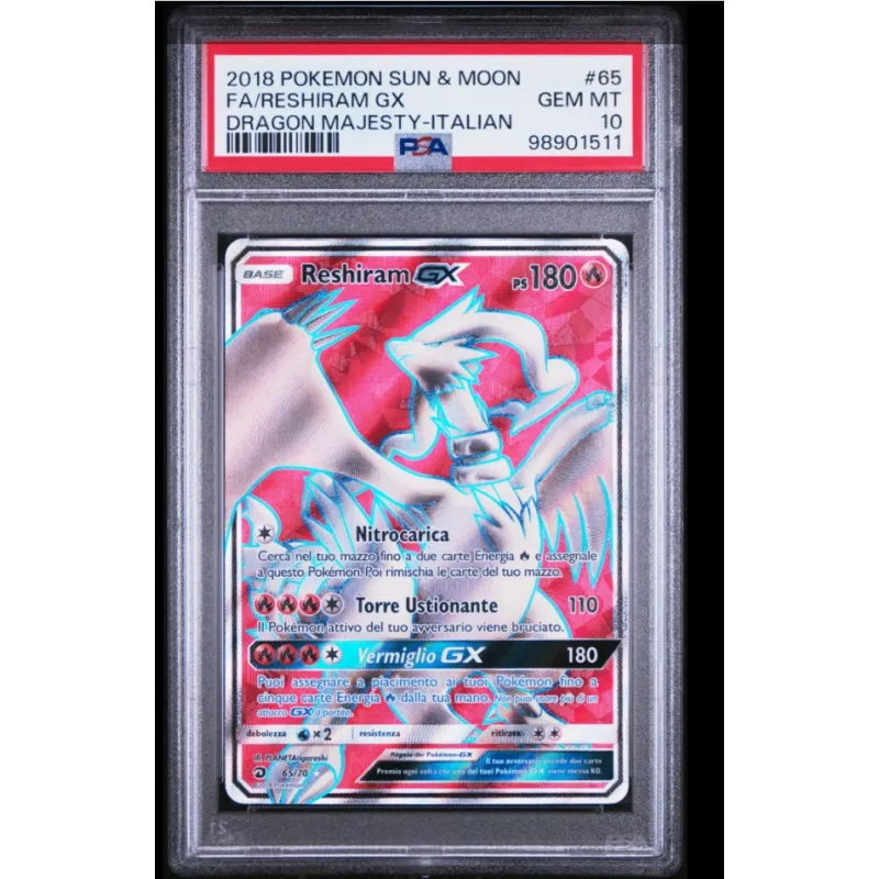 2018 Pokémon Sun & Moon: 65 FA/Reshiram GX (DRAGON MAJESTY-ITALIAN) PSA GEM MT10