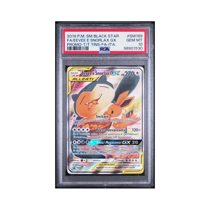 2019 Pokémon SM Black Star: SM169 FA/Eevee e Snorlax GX (PROMO-T/T TINS-FA-ITA.) PSA GEM MT10