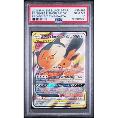 2019 Pokémon SM Black Star: SM169 FA/Eevee e Snorlax GX (PROMO-T/T TINS-FA-ITA.) PSA GEM MT10