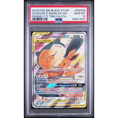 2019 Pokémon SM Black Star: SM169 FA/Eevee e Snorlax GX (PROMO-T/T TINS-FA-ITA.) PSA GEM MT10